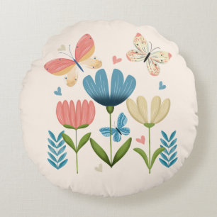 Almofada Redonda Florais em matizes azuis e laranja