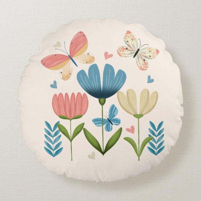 Almofada Redonda Florais em matizes azuis e laranja (Frente)