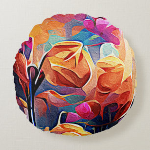 Almofada Redonda Floral Abstrato Art Laranja Vermelho Azul Flores