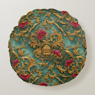 Almofada Redonda Floral Barroco Esmeralda com Ornamentos Dourados