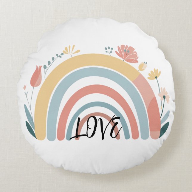 Almofada Redonda Floral Boho Arco-íris (Frente)