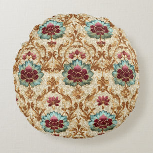 Almofada Redonda Floral Damask Vintage em Turquesa e Borgonha