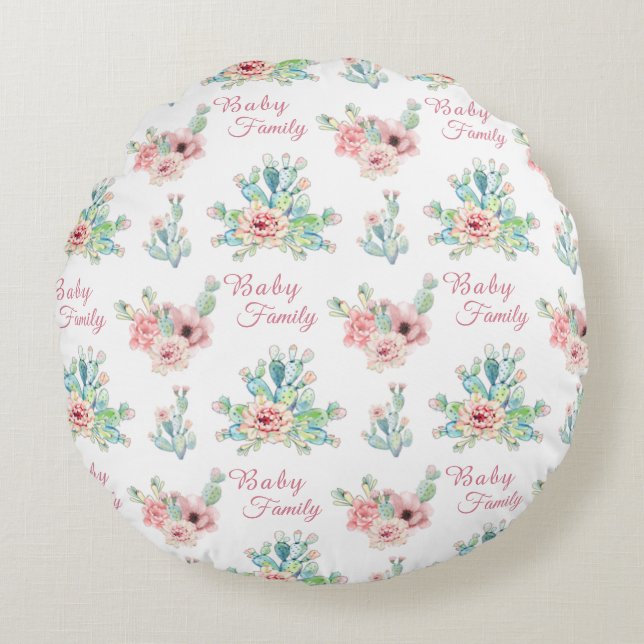 Almofada Redonda Floral de Cactos Personalizada (Frente)