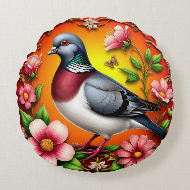 Almofada Redonda Floral de Pombo Decoração da Natu (Frente)
