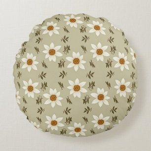 Almofada Redonda Floral Decorativo em Branco e bege