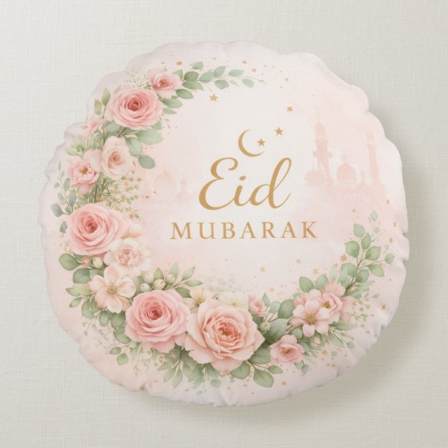 Almofada Redonda Floral Eid Mubarak – Blush Pink Islamic Gift f (Frente)