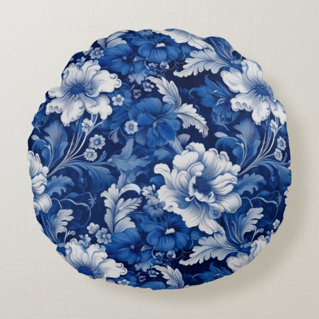 Almofada Redonda Floral Elegante Azul e Branco (Frente)