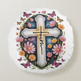 Almofada Redonda Floral Faith Cross
