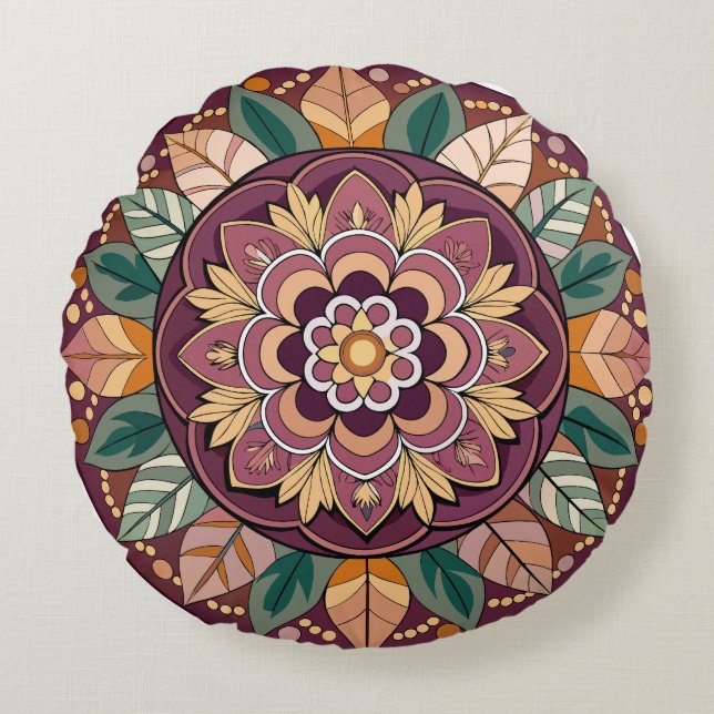 Almofada Redonda Floral Folk Mandala (Frente)