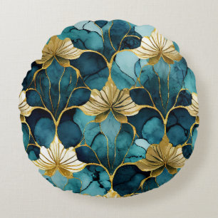 Almofada Redonda Floral Japonês Verde Água Dourado
