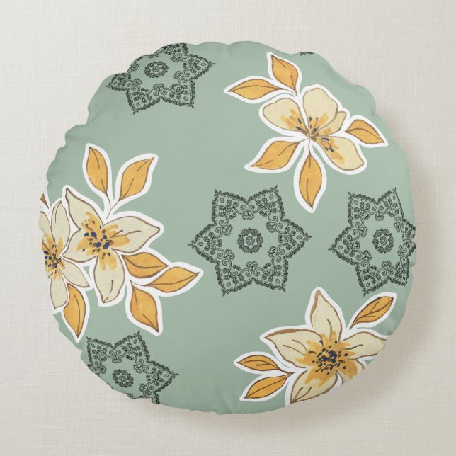 Almofada Redonda Floral Mandala Elegance: Green Cushion Design (Frente)