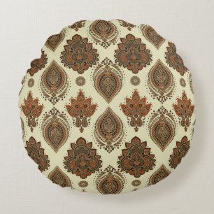 Almofada Redonda Floral paisley, padrão de vinheta têxtil asiático.