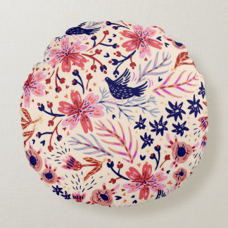 Almofada Redonda Floral, pássaros, padrão contínuo de colheita.