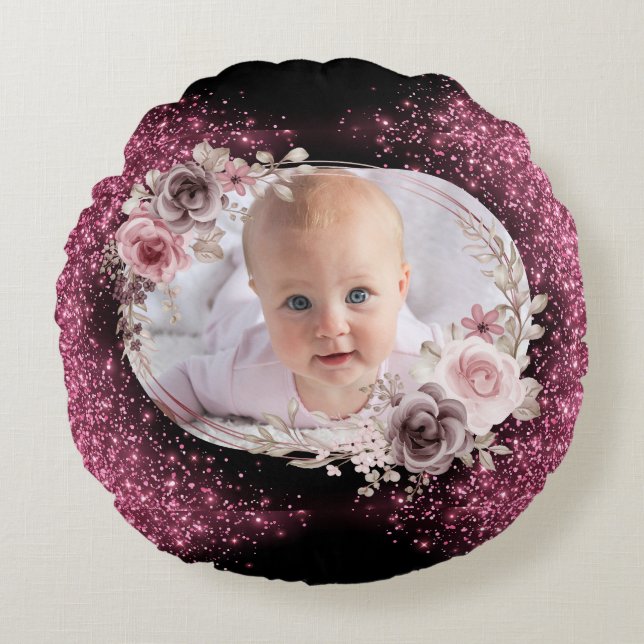 Almofada Redonda Floral Pink Gold Two Photo Baby Girl cute (Frente)