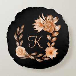 Almofada Redonda Floral Preto Marrom e Pêssego Monogramado