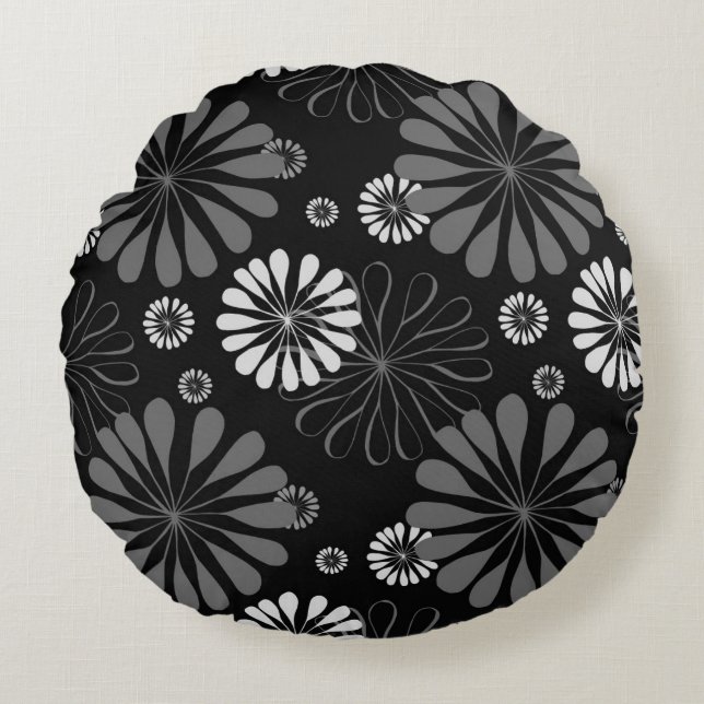 Almofada Redonda Floral Retro Preto e Branco (Frente)
