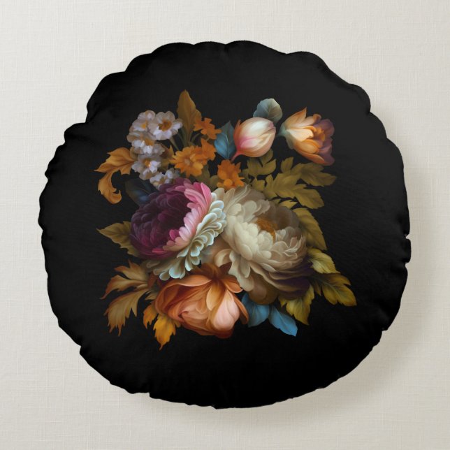 Almofada Redonda Floral Romântico Dramático "Velho Mundo" (Frente)