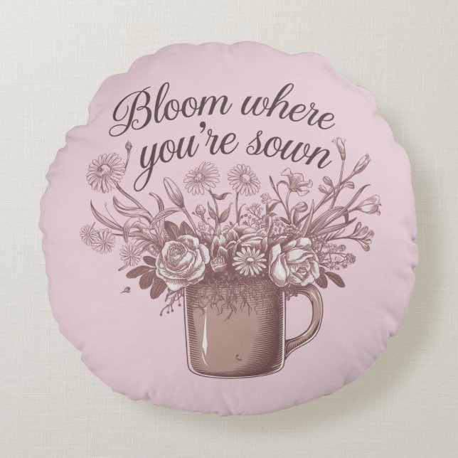 Almofada Redonda Floral Rosa Elegante (Frente)