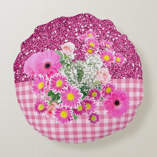 Almofada Redonda Floral Rosa & Gingham Faux Glitter (Verso)