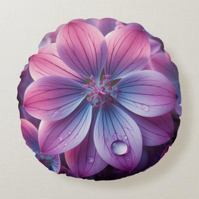 Almofada Redonda Floral Roxo e Flor Lilar Rosa (Frente)