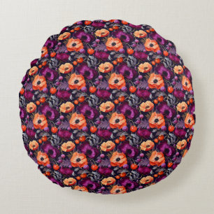 Almofada Redonda Floral Sem Costura Com Flores Vermelhas, Laranja,