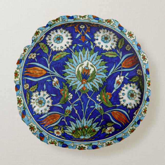 Almofada Redonda Floral Tulip Motif Iznik Padrão Turco (Frente)