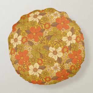 Almofada Redonda Floral Verde Laranja e Verde Oleícola, Retro 60/70
