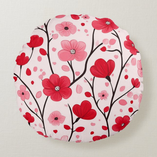 Almofada Redonda Floral Vermelho Romântico (Frente)