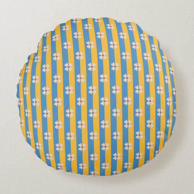 Almofada Redonda Floral Yellow and Aqua Striped Round Pillow (Frente)