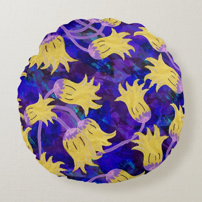 Almofada Redonda Flores amarelas: trabalho de arte de aquarela de f (Frente)