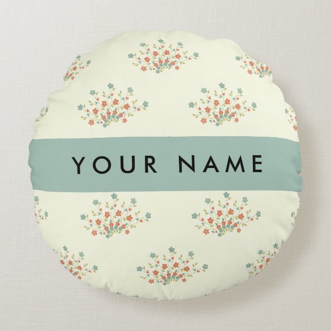 Almofada Redonda Flores Azuis e Vermelhas, Azul, Seu Nome (Frente)