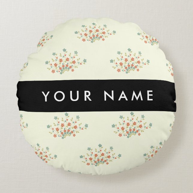 Almofada Redonda Flores Azuis e Vermelhas, Preto, Seu Nome (Frente)