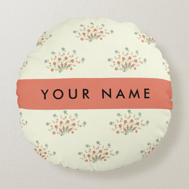 Almofada Redonda Flores Azuis e Vermelhas, Vermelho, Seu Nome (Frente)