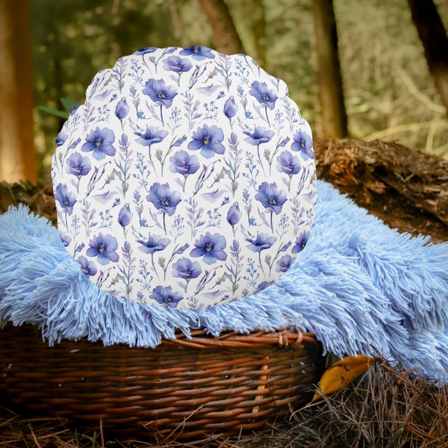 Almofada Redonda Flores Azuis Por Todo O Travesseiro Impressão (Blue Flowers All Over Print Pillow Mockup 1)