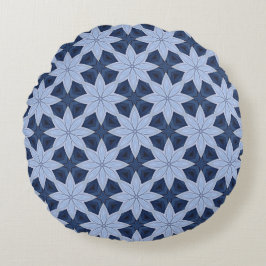Almofada Redonda Flores azuis prateadas sobre fundo azul Marinho