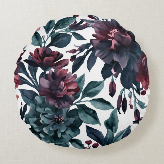Almofada Redonda Flores Botânicas em Aquarela Mal-humorada (Frente)