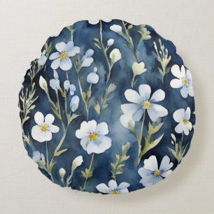 Almofada Redonda Flores brancas azuis Aquarela Chic