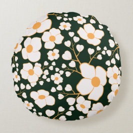 Almofada Redonda Flores Brancas Centralizadas Amarelas e Fundo Verd