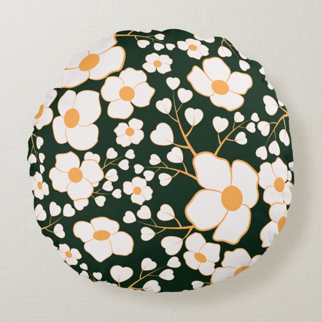 Almofada Redonda Flores Brancas Centralizadas Amarelas e Fundo Verd (Frente)