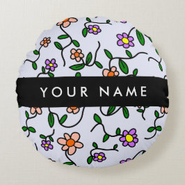 Almofada Redonda Flores coloridas, fundo azul, preto