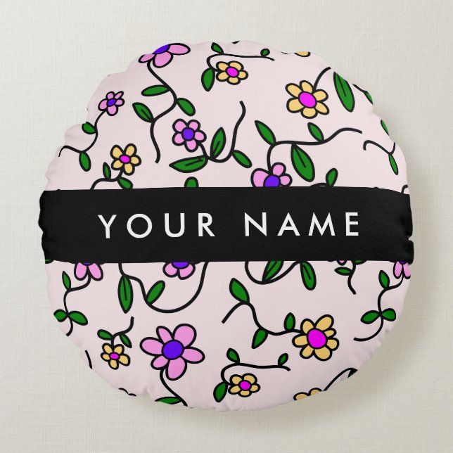 Almofada Redonda Flores Coloridas, Fundo Rosa, Preto (Frente)