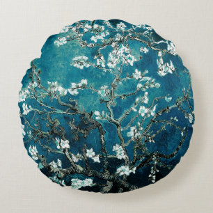 Almofada Redonda Flores de Amendoeira de Van Gogh: Azul Teal Escuro