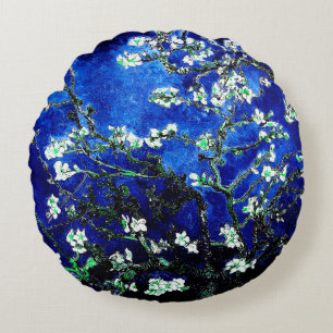Almofada Redonda Flores de amendoeira de Van Gogh azul verde