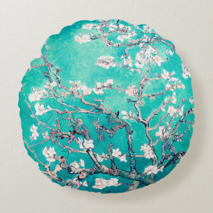 Almofada Redonda Flores de Amendoeira de Van Gogh Turquesa