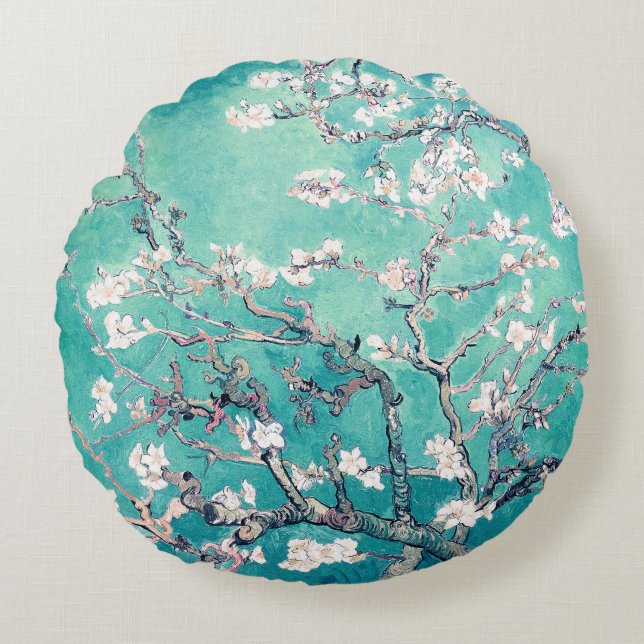 Almofada Redonda Flores de Amendoeira de Van Gogh Turquesa (Frente)