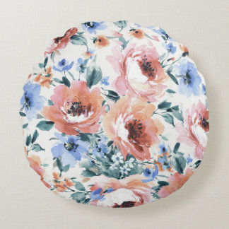 Almofada Redonda Flores de aquarela, ilustração uniforme de padrões