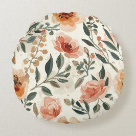 Almofada Redonda Flores de Aquarela Laranja Pintura Botânica
