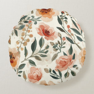Almofada Redonda Flores de Aquarela Laranja Pintura Botânica