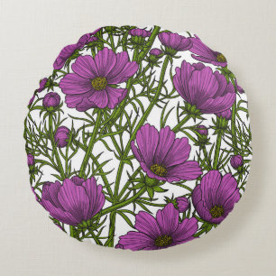 Almofada Redonda Flores de cosmos violetas