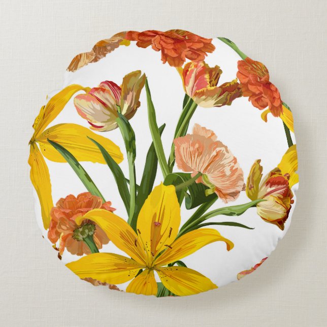 Almofada Redonda Flores de jardim desenhadas à mão. (Frente)